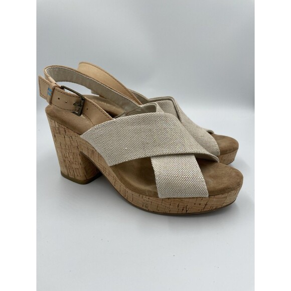 Toms Ibiza Sandals Khaki Canvas Women's 7 Platform Cork Heel Iridescent Thread - Picture 1 of 13